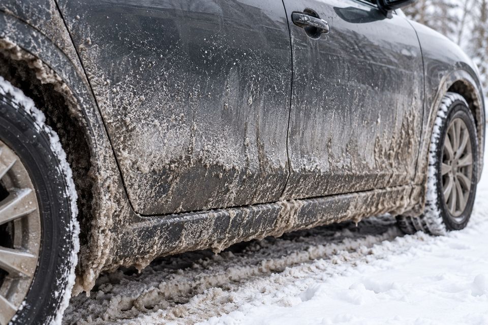 Dolna część drzwi auta pokryta zimowym błotem i solą drogową, auto stoi w śniegu