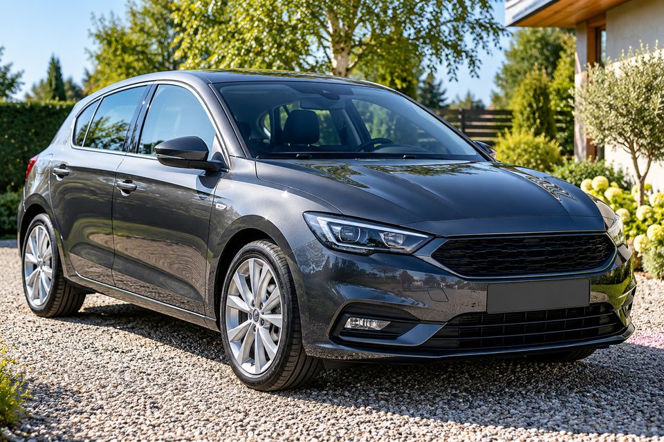 Świeżo umyty szary hatchback zaparkowany na żwirowym podjeździe w słoneczny dzień